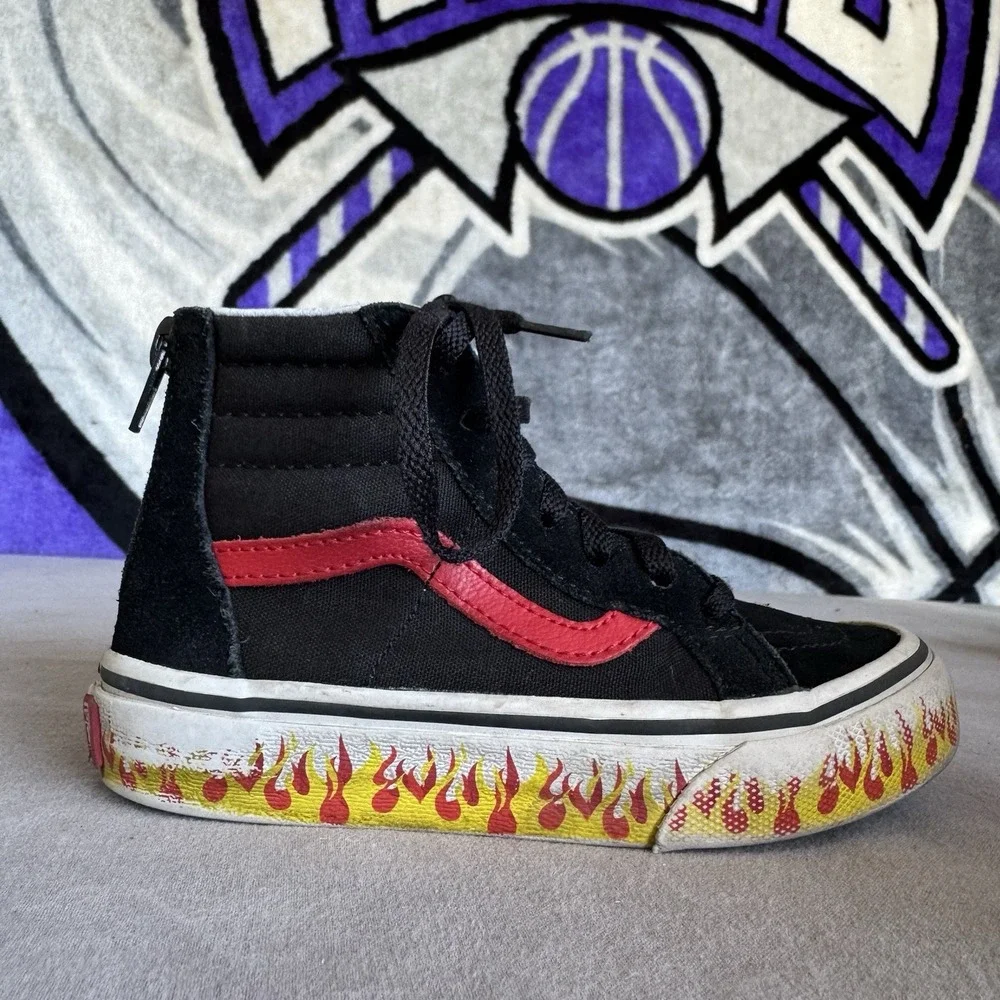 Size 11c - Vans Thrasher Sk8-Hi Pro High Top Sneakers Black Flames Skate Kids